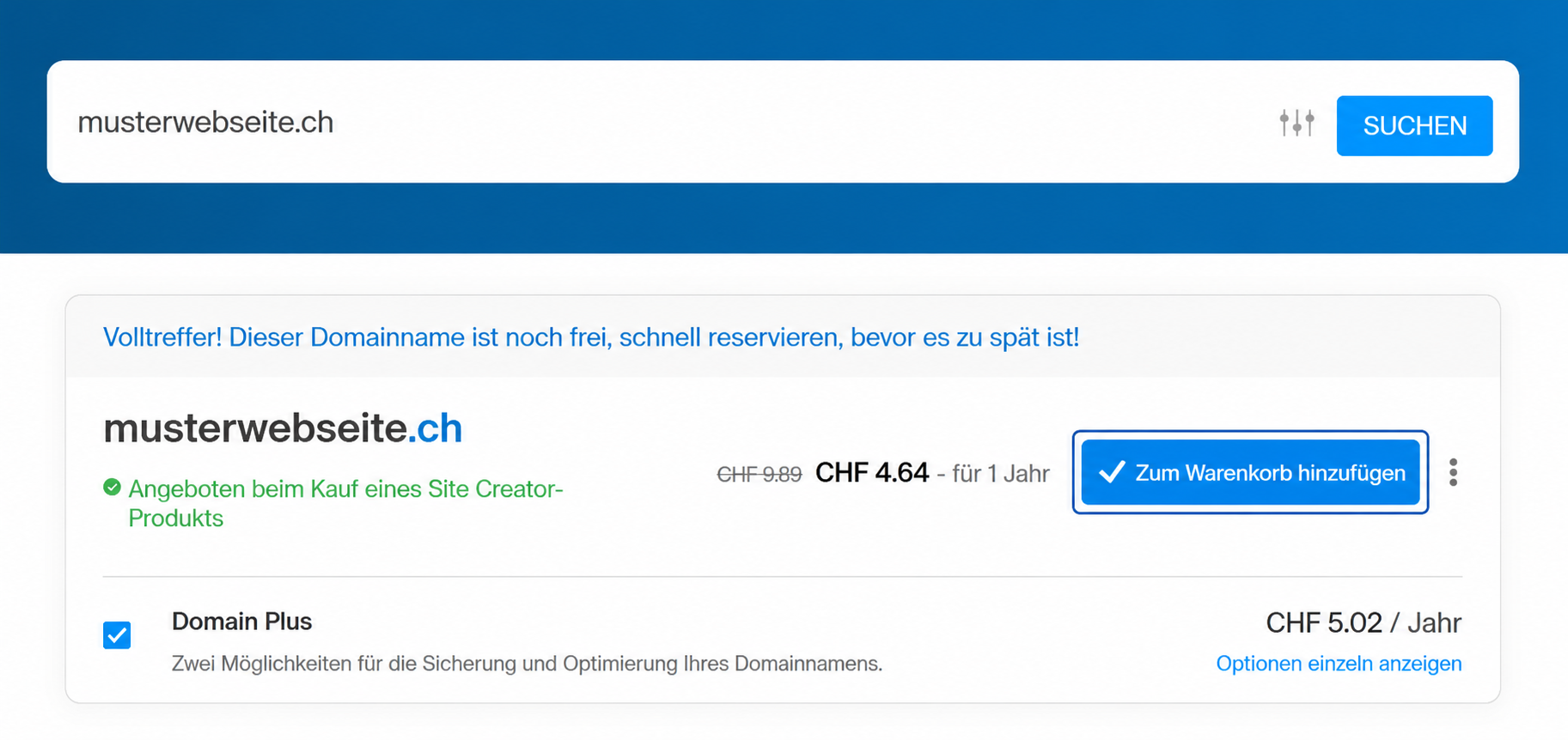 Infomaniak-Domainsuche mit hervorgehobener Warenkorb-Schaltfläche