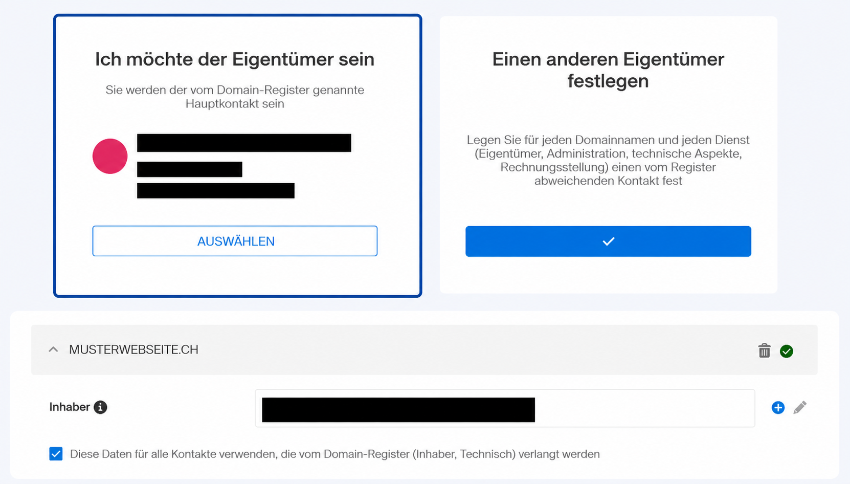 Infomaniak-Eigentümerwahl mit vollständig geschwärzten Personendaten