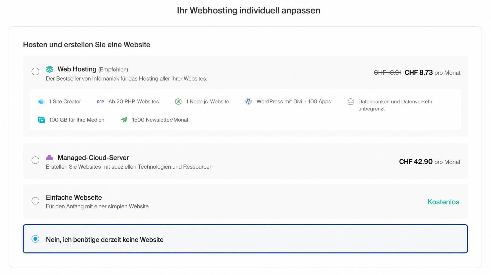 Infomaniak-Option ohne Webhosting hervorgehoben