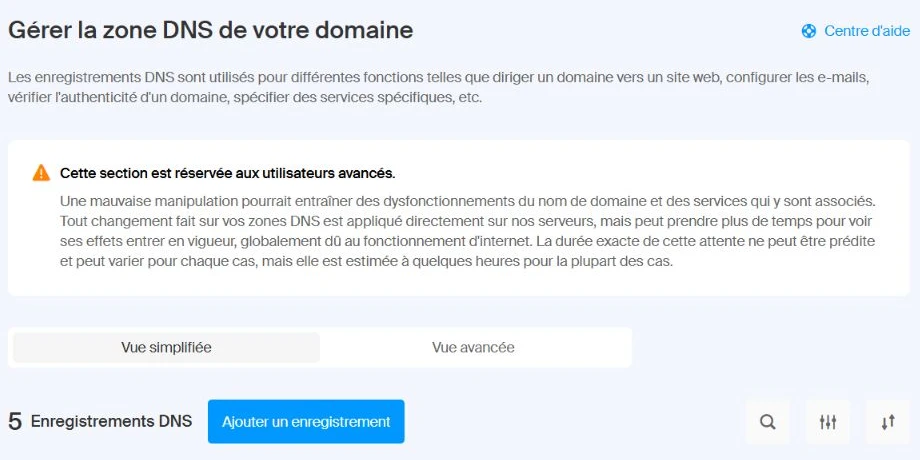 Zone DNS Infomaniak avec le bouton d’ajout.