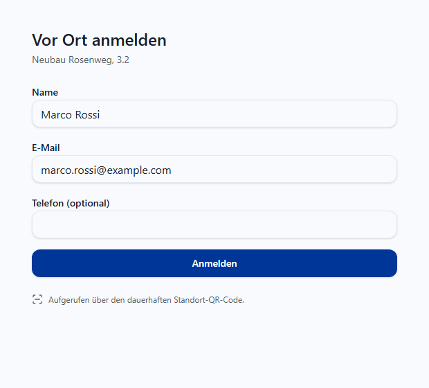Öffentliche Vor-Ort-Anmeldeseite mit Namen-, E-Mail- und Telefonfeld.
