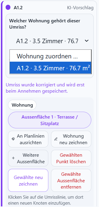 Wohnungszuordnung mit einer noch in Frage kommenden Wohnung und Werkzeugen zur Umrisskorrektur.