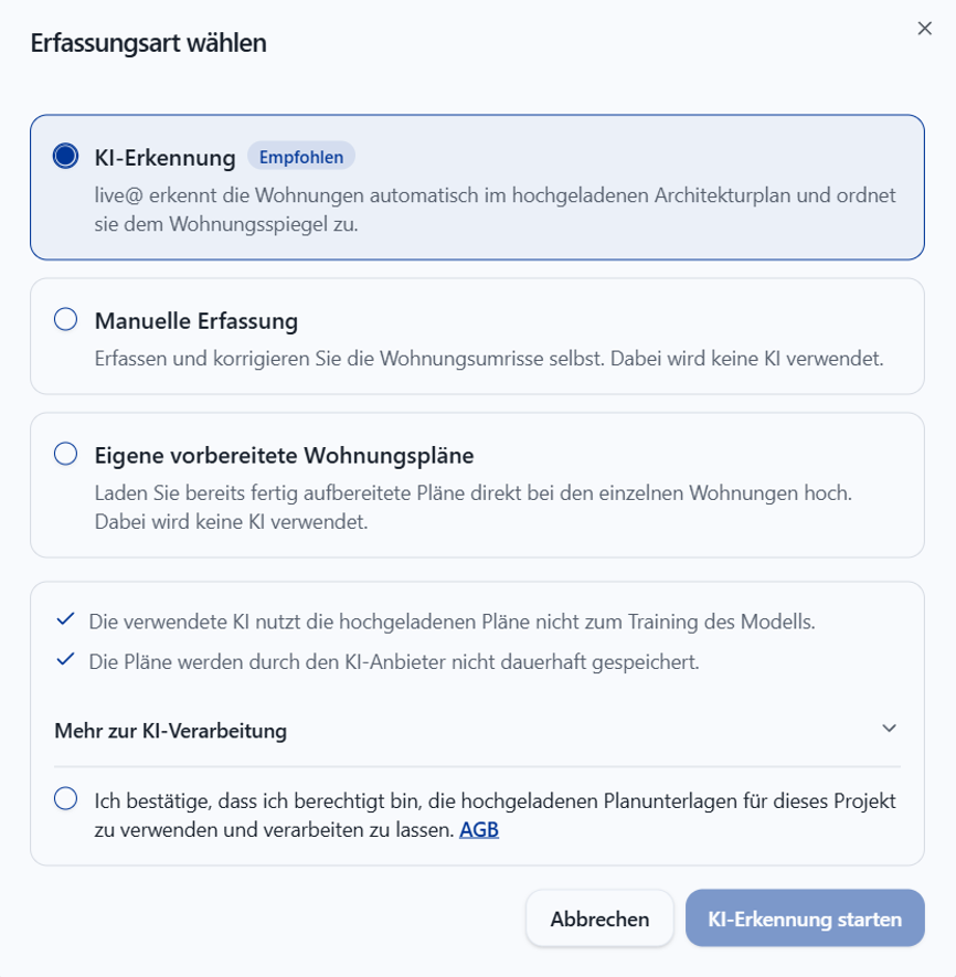 Dialog zur Auswahl der KI-Erkennung mit Berechtigungsbestätigung; Projektname entfernt.