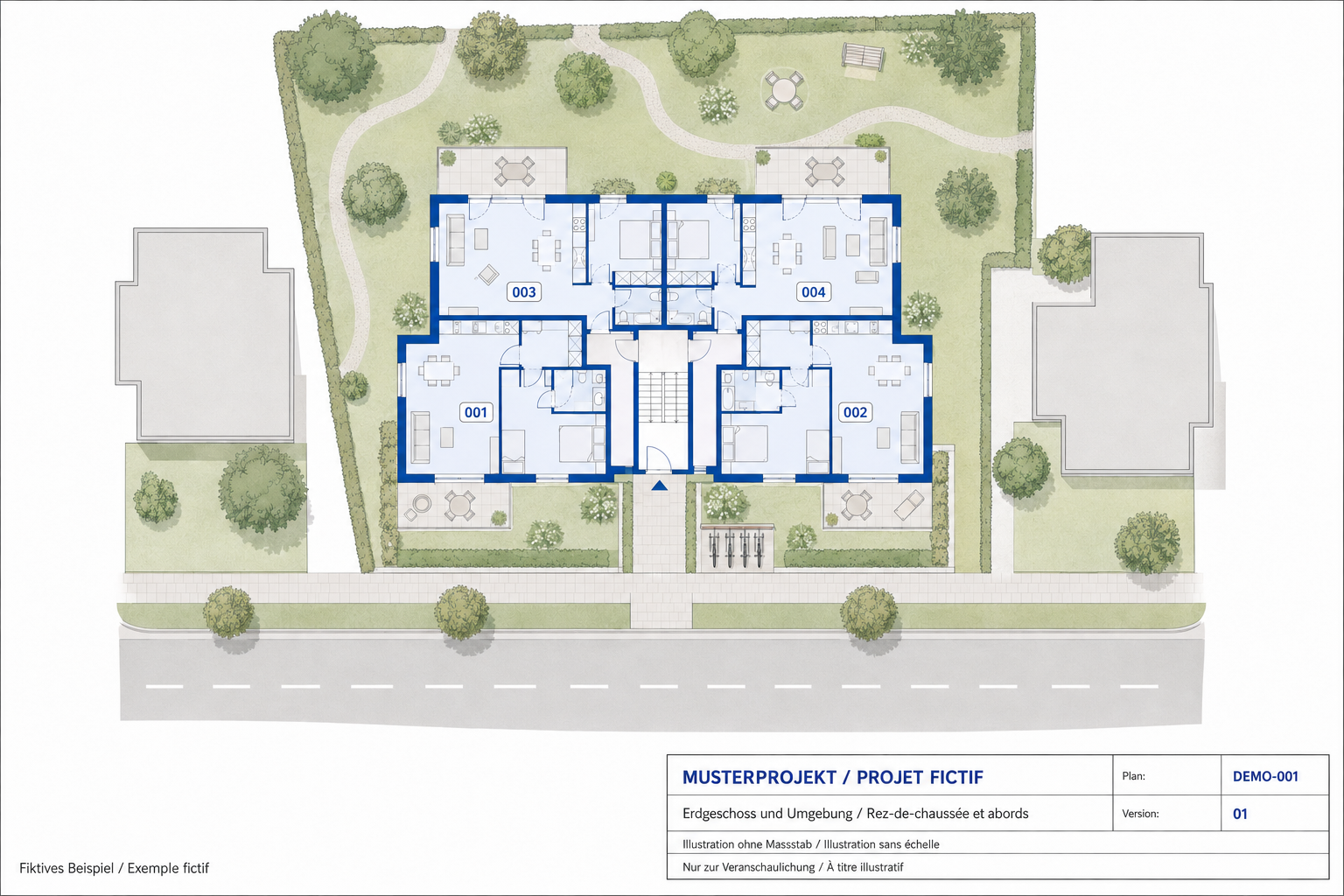 Fiktiver Geschossplan mit vier nummerierten Wohnungen, Terrassen, Garten, Zugangsweg, Strasse und erfundenen Nachbarbauten.