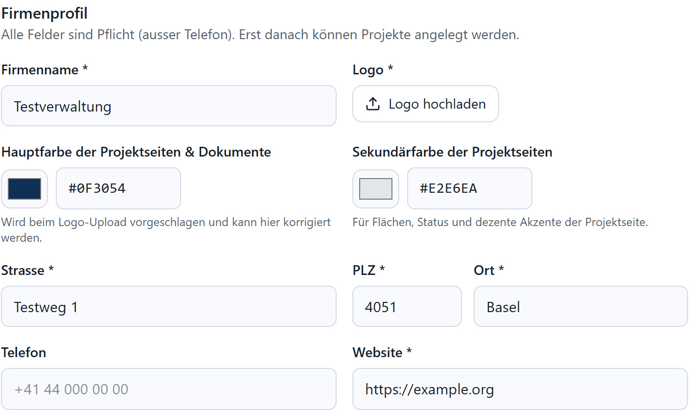 Firmenprofil mit Firmenangaben und Projektfarbe