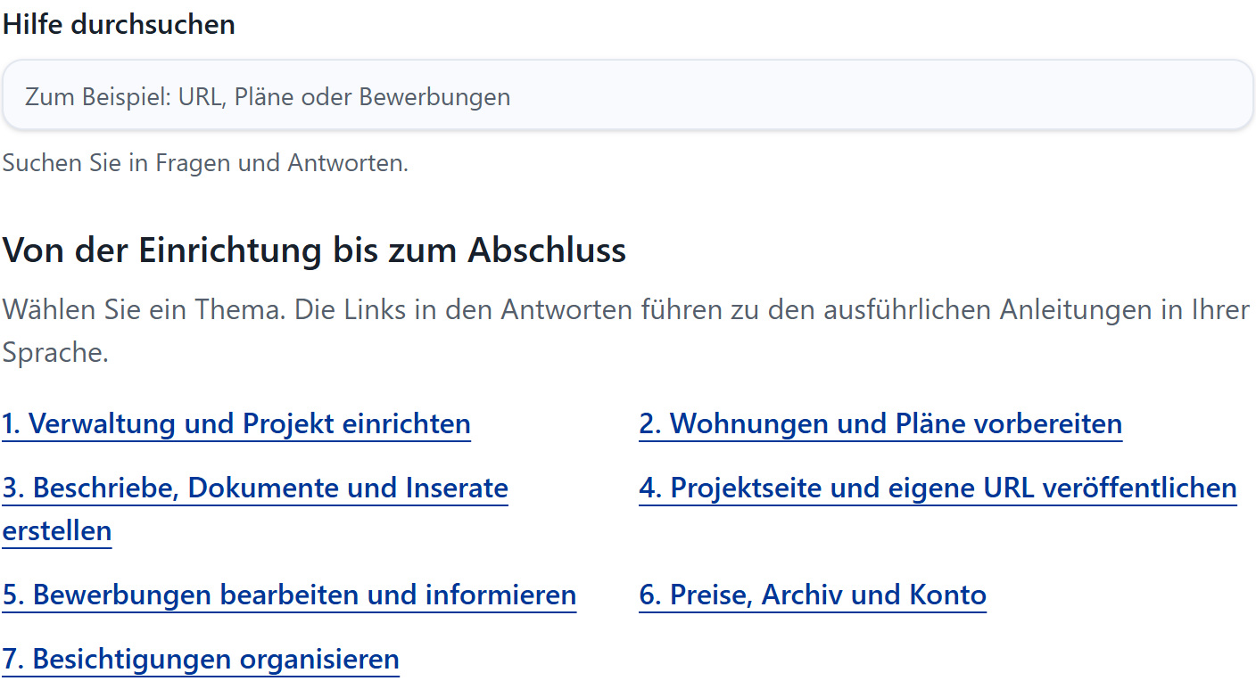 Suche in der Hilfe; Anleitungen zur Projektvorbereitung und Vermietung in der vergrösserten Ansicht