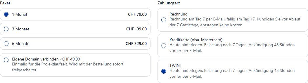 Paket und Zahlungsmittel im Bestellschritt
