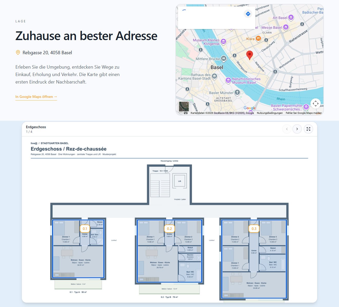Öffentliche Projektseite mit Lagekarte und Wohnungsplan des Erdgeschosses