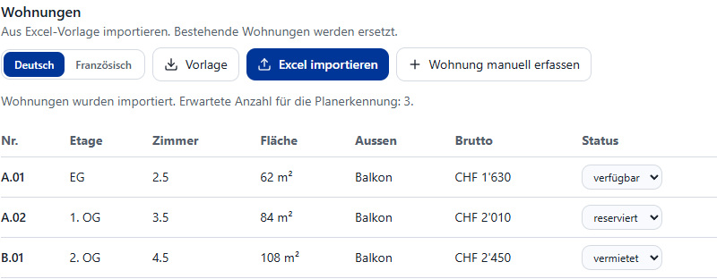 Wohnungsliste im Projekt-Editor; Excel-Import und Vorlage in der vergrösserten Ansicht