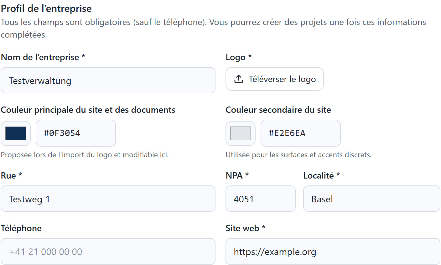 Profil de l’entreprise avec coordonnées et couleur du projet