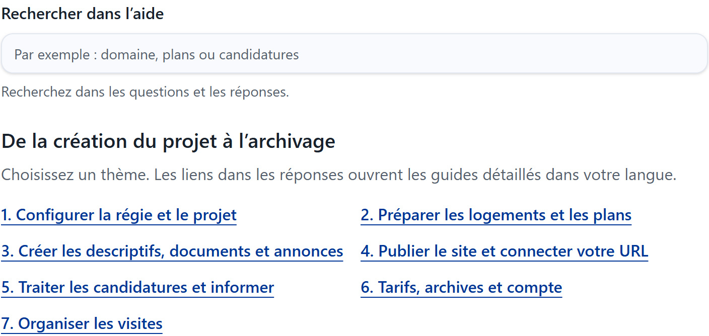 Recherche dans l’aide ; guides pour préparer le projet et gérer la location dans la vue agrandie