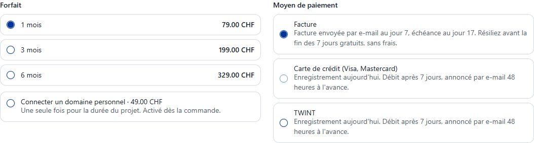 Choix du forfait et du moyen de paiement à l’étape de commande