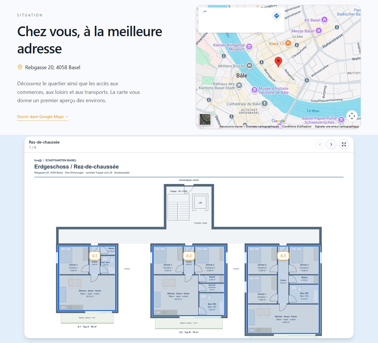 Page publique du projet avec carte de situation et plan du rez-de-chaussée