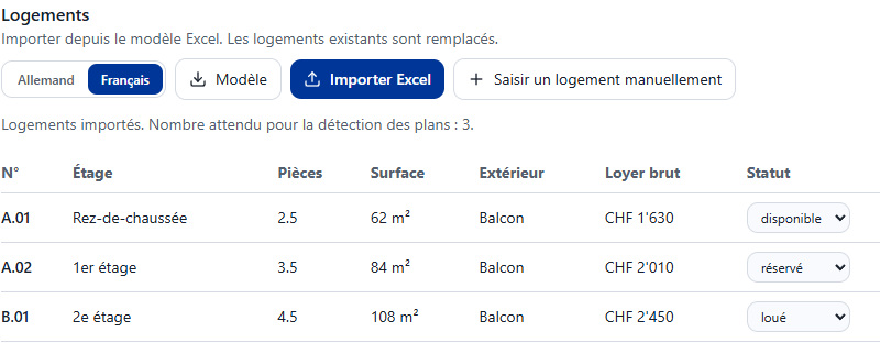 Import d’une liste de logements avec le modèle Excel.