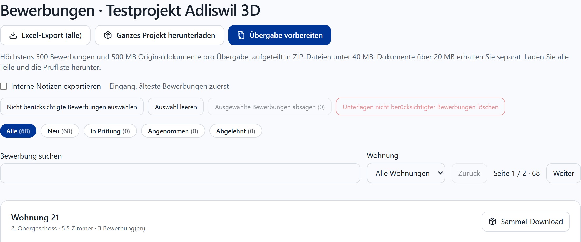 Bewerbungsübersicht für Mietwohnungen mit Statusfiltern und Anzahl je Status