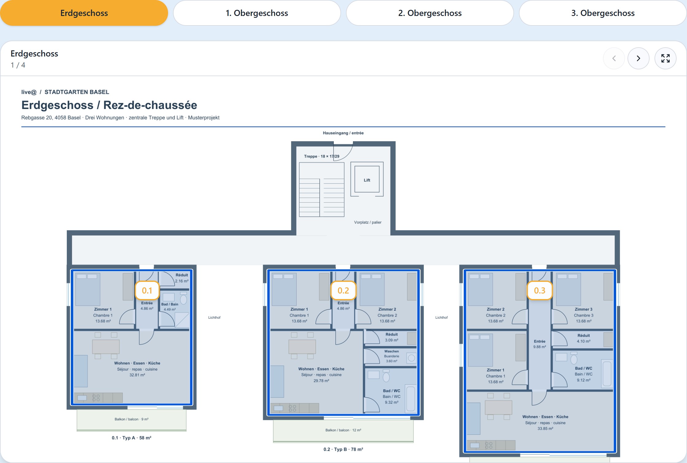 Projektseite einer Neubau-Erstvermietung mit Wohnungsspiegel, Grundrissen und Kontaktformular