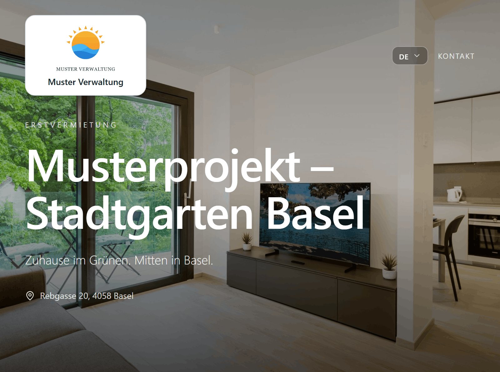 Projektseite Stadtgarten Basel mit Logo der Muster Verwaltung, Projekttitel, Adresse und Wohnungsbild.