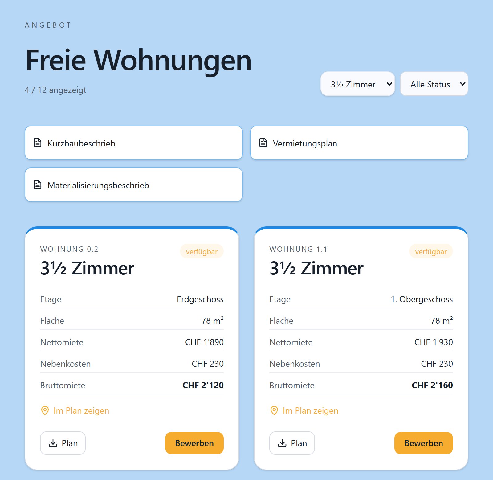 Wohnungsangebot mit Filter auf 3½ Zimmer, Mieten, Plänen und Schaltflächen zum Bewerben.