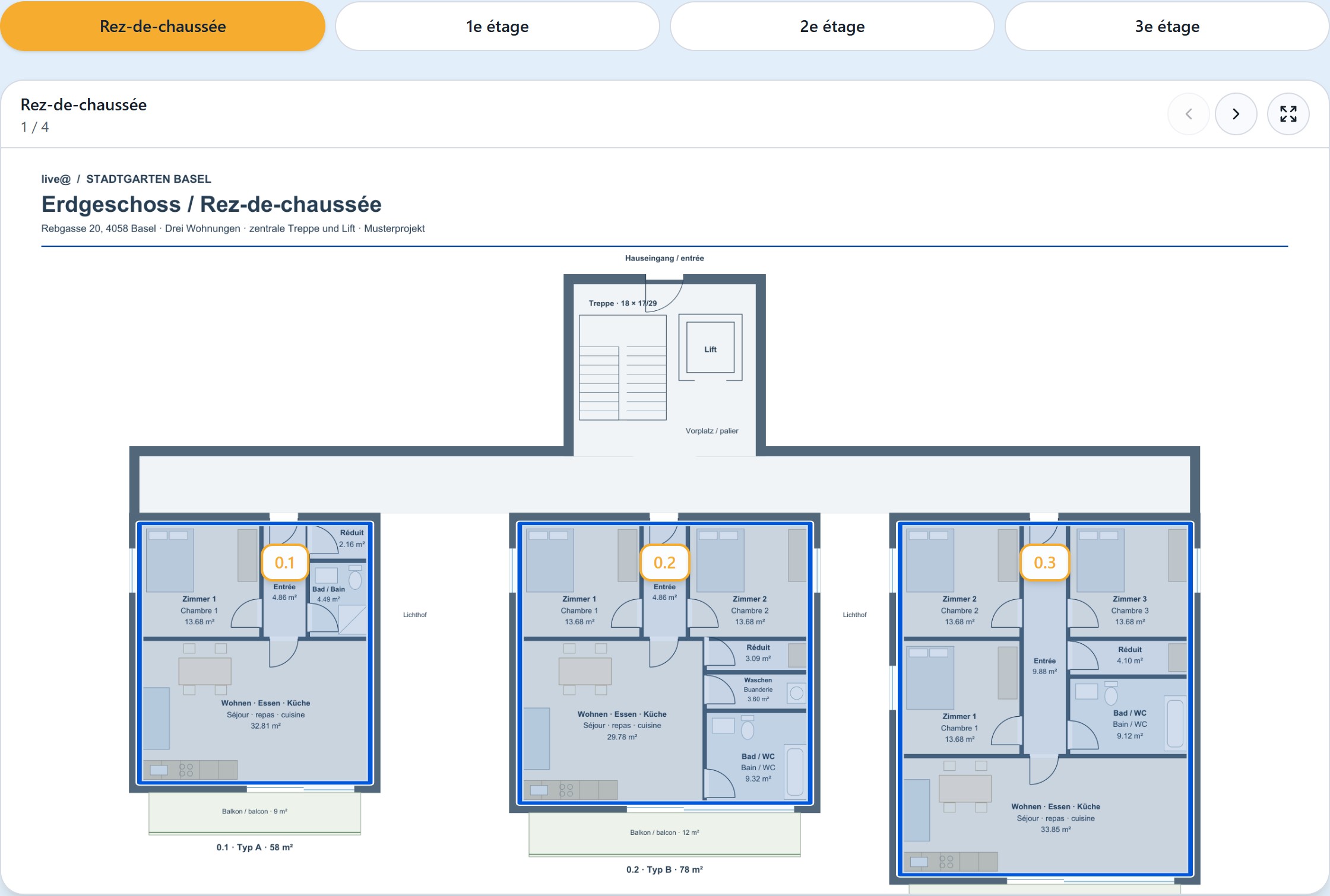Page de projet d'une première location d'immeuble neuf avec liste des logements, plans et formulaire de contact
