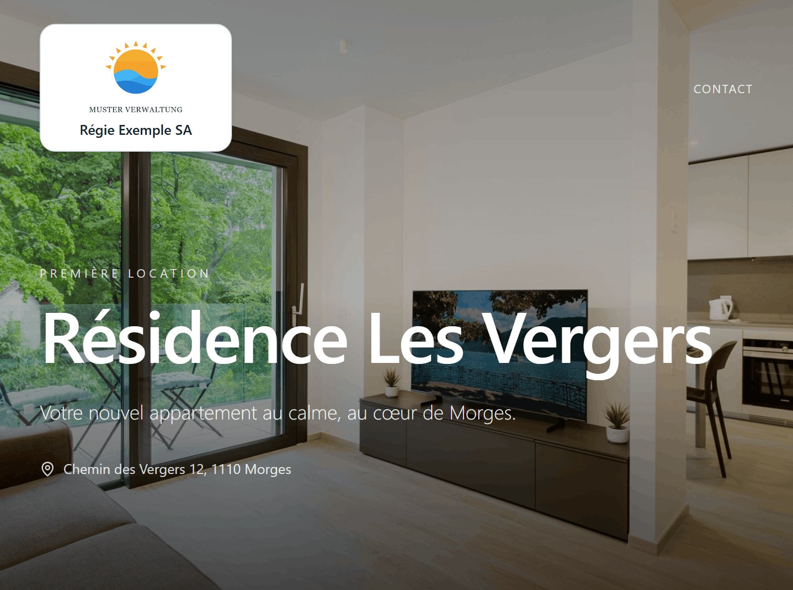 Site du projet fictif Résidence Les Vergers à Morges, avec le logo de la régie, le titre, le sous-titre et une photo de logement.