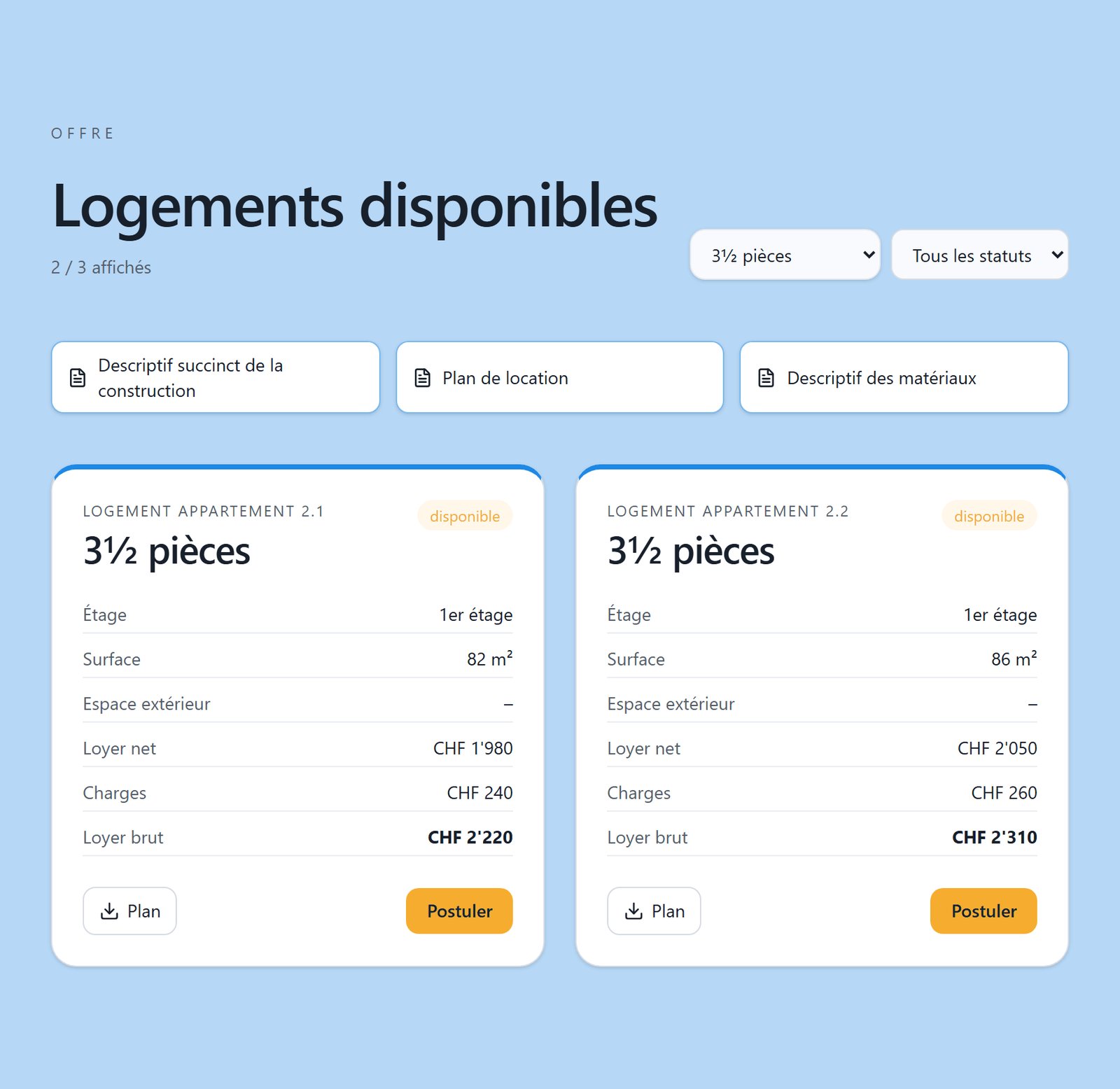 Offre de logements filtrée sur 3½ pièces, avec loyers, plans et boutons pour postuler.